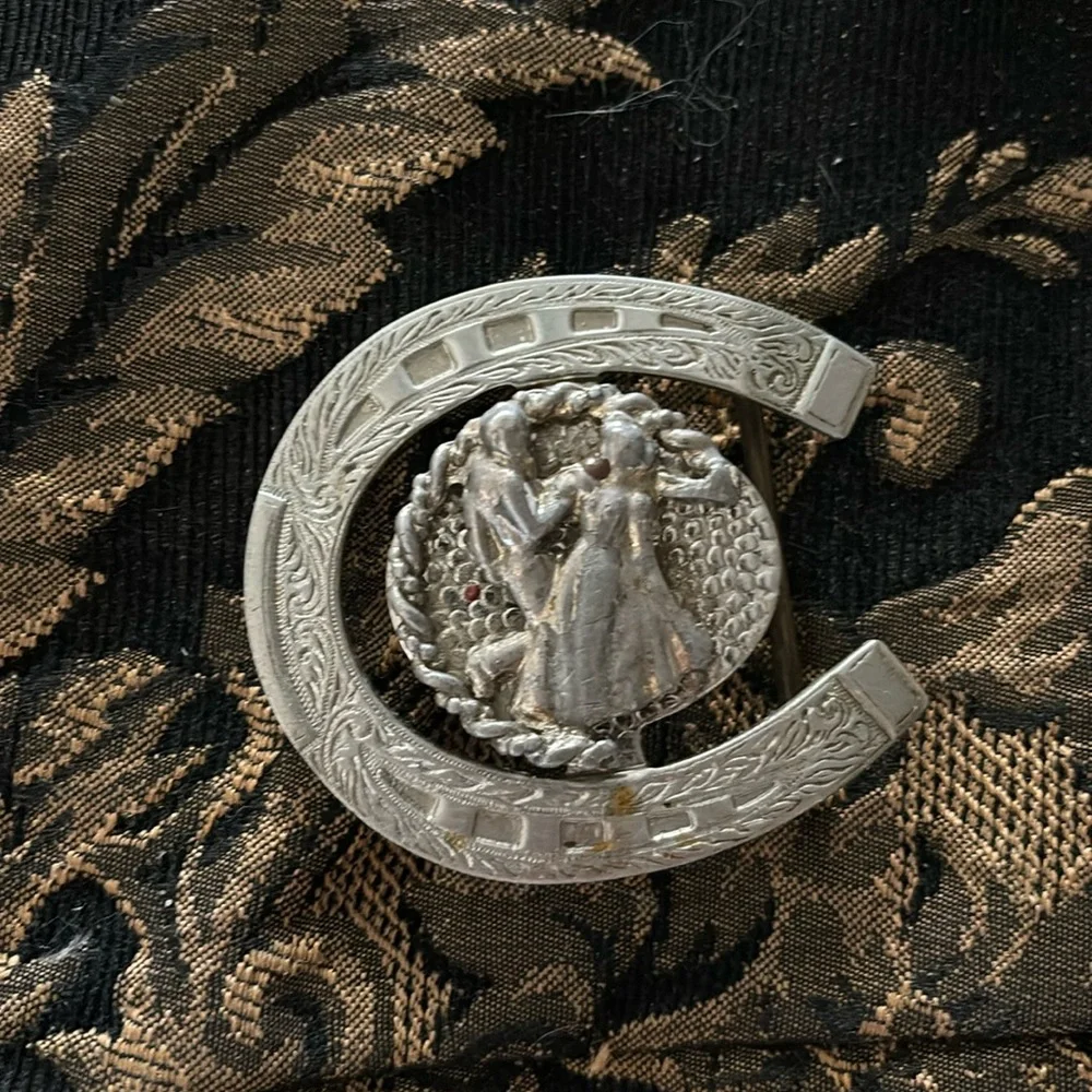 Rockmount Gold Horseshoe Belt Buckle with Dancing Couple Detail